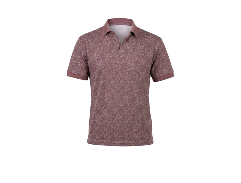 Maroon patterned polo shirt on a white background